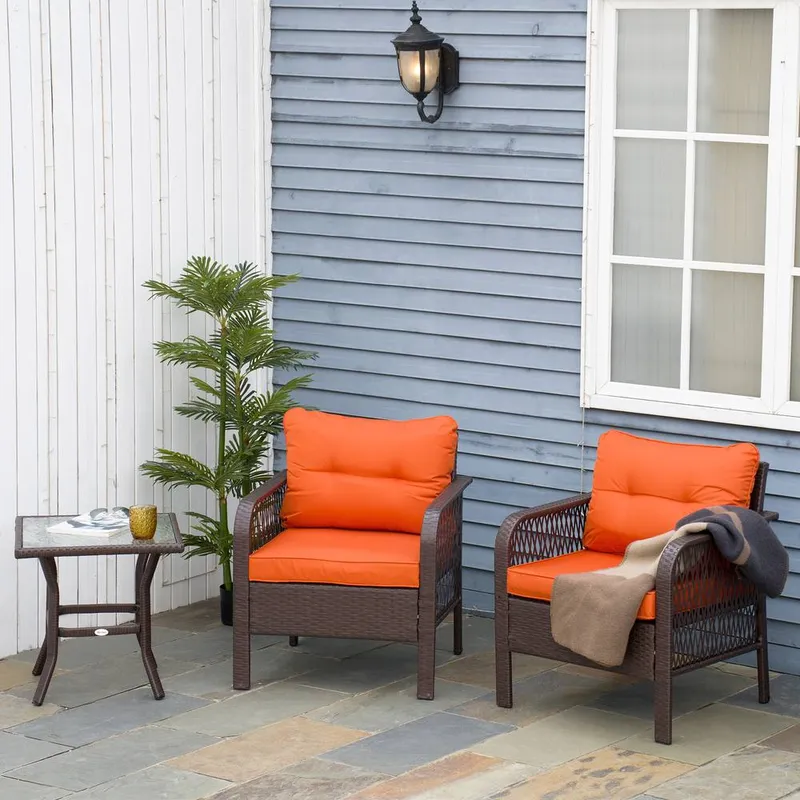 Outsunny 3 Pieces Rattan Bistro Set with Tempered Glass Table Orange Orange