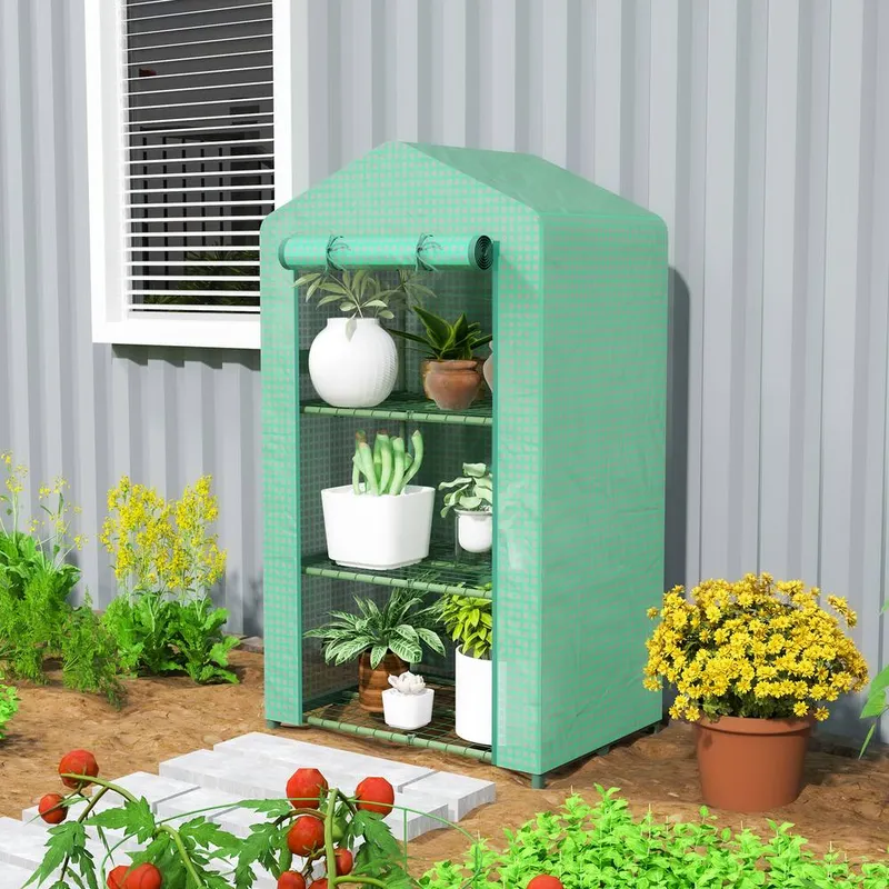 Outsunny 3 Tier Mini Greenhouse Grow House w/ Roll Up Door, Green Green