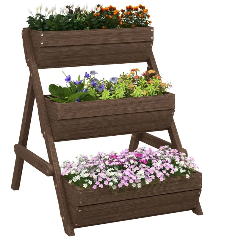Outsunny 3 Tier Raised Garden Bed Wooden Elevated Planter Box Kit Tan