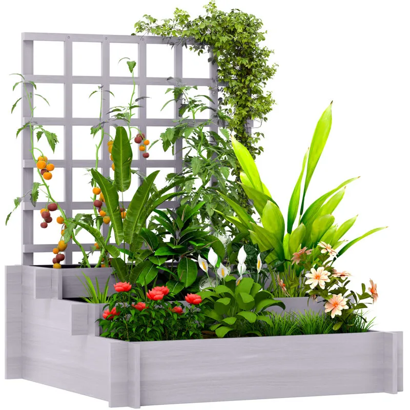 Outsunny 3 Tier Wooden Garden Planters with Trellis for Vine Climbing Plants