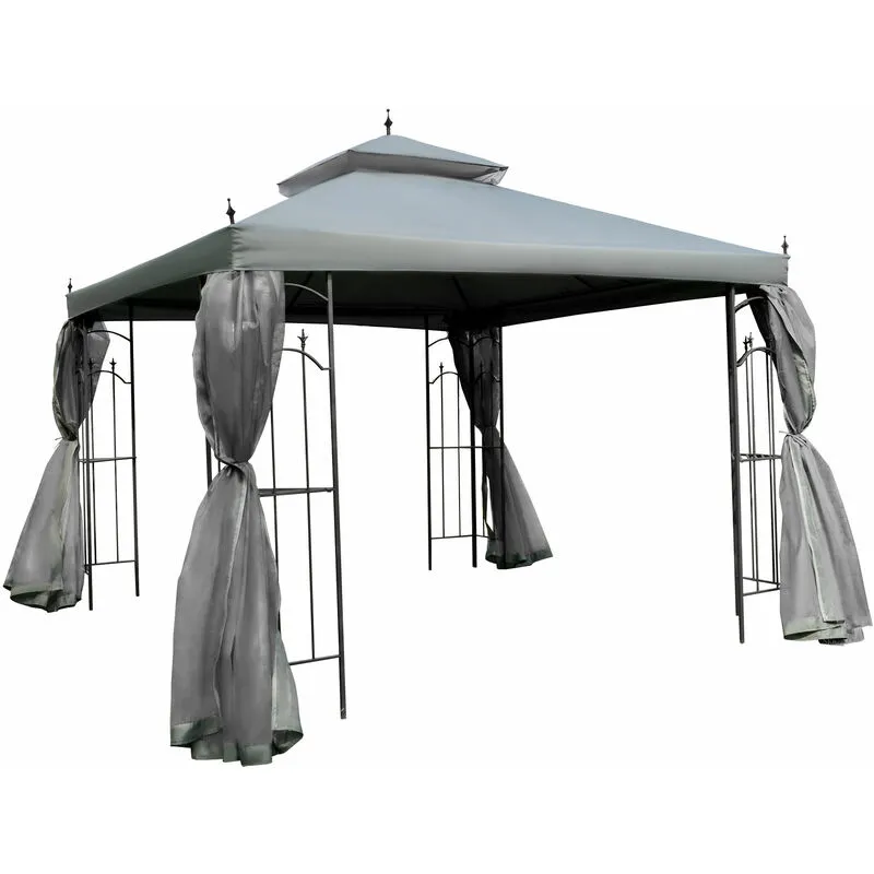 Outsunny - 3 x 3(m) Garden Gazebo Double Top Gazebo Canopy w/ Curtains Grey