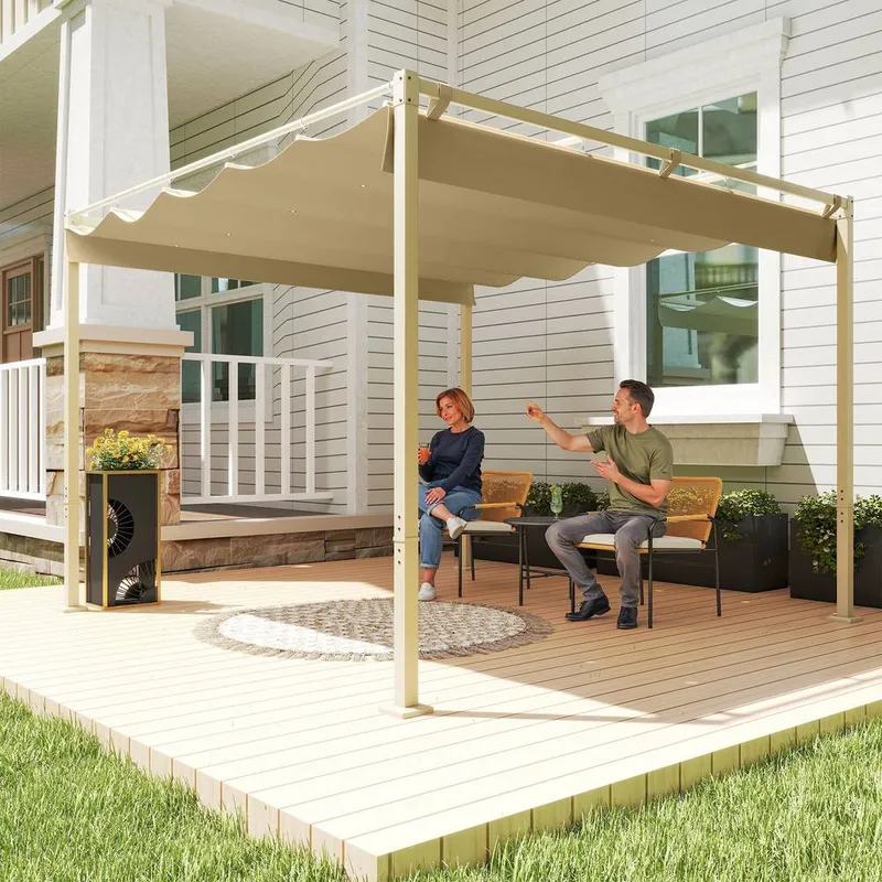Outsunny 3 x 3(m) Garden Pergola with Retractable Roof, UPF30+, Khaki Khaki