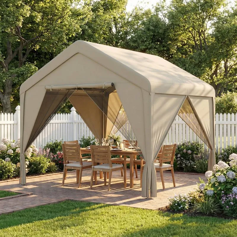 Outsunny 3 x 3 m Outdoor Patio Gazebo with Netting & Curtains, Khaki Khaki