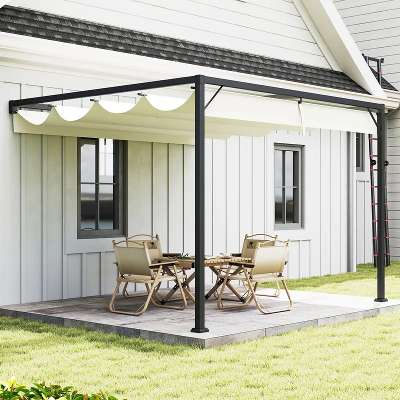 Outsunny 3 x 3(m) Outdoor Lean To Pergola Retractable Canopy Wall Mounted in Cream Cream