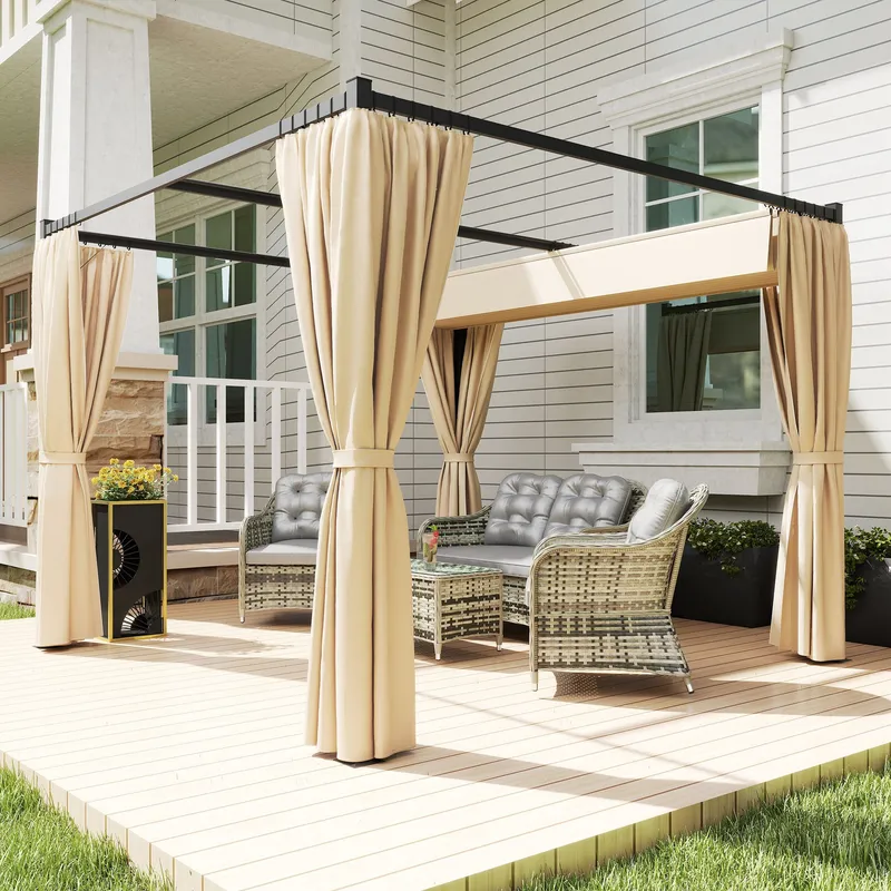 Outsunny 3 x 3(m) Pergola with Retractable Roof & Curtains in Khaki Khaki