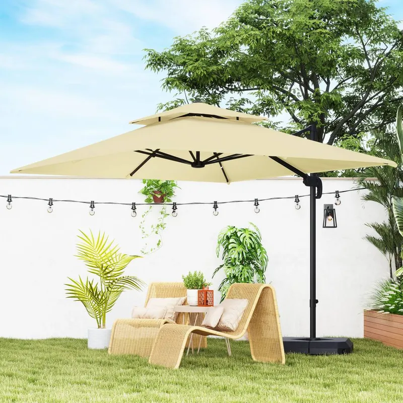Outsunny 360° Cantilever Parasol Roma Umbrella w/ Base Weights, Cover in Khaki Khaki