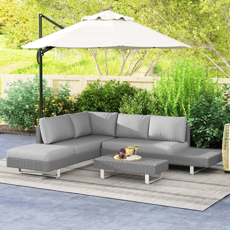 Outsunny 3pc Rattan Wicker Sofa Set with Tea Table & Cushions, Light Grey Light Grey
