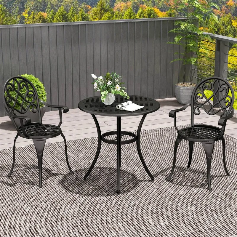 Outsunny 3PCs Garden Aluminium Table Set, Bistro Set Round Table 2 Chairs in Black Black