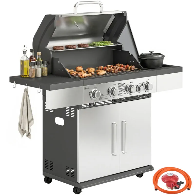Outsunny 4+1 Burner Gas Bbq Grill, Portable Gas Barbecue Grill