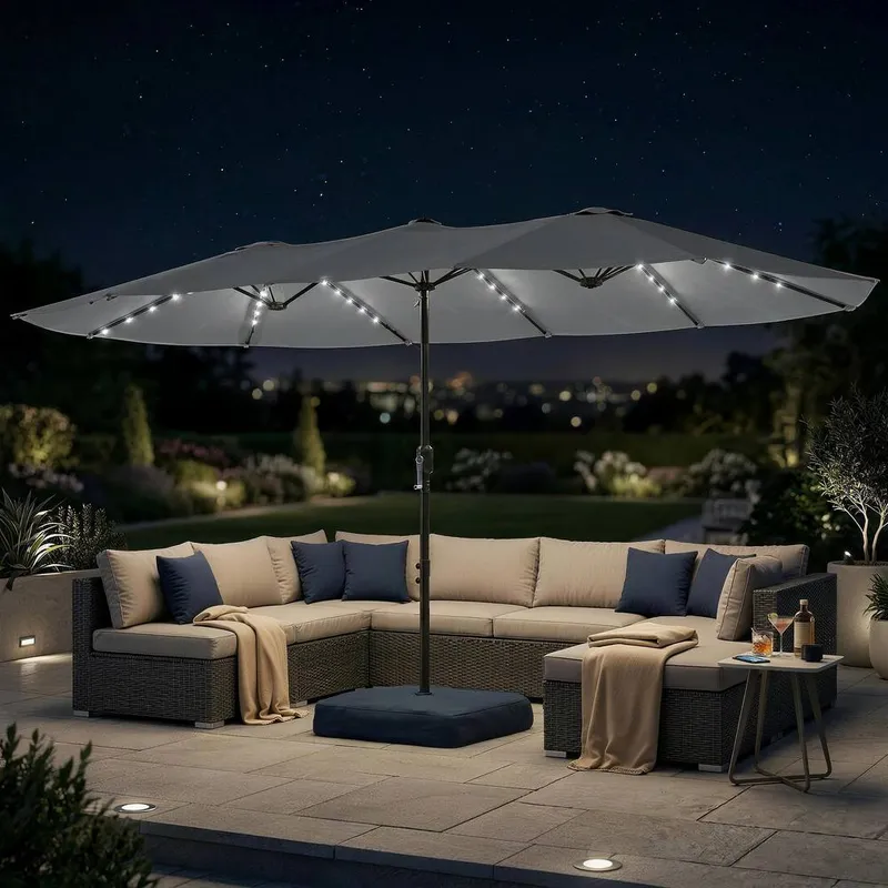 Outsunny 4.5m Double Sided Garden Parasol w/ 60 Solar LED Lights in Grey Grey 4.5m
