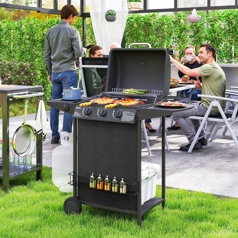 Outsunny 4 Burner Gas Barbecue Grill Portable Gas Bbq Grill with Lid, Black Black