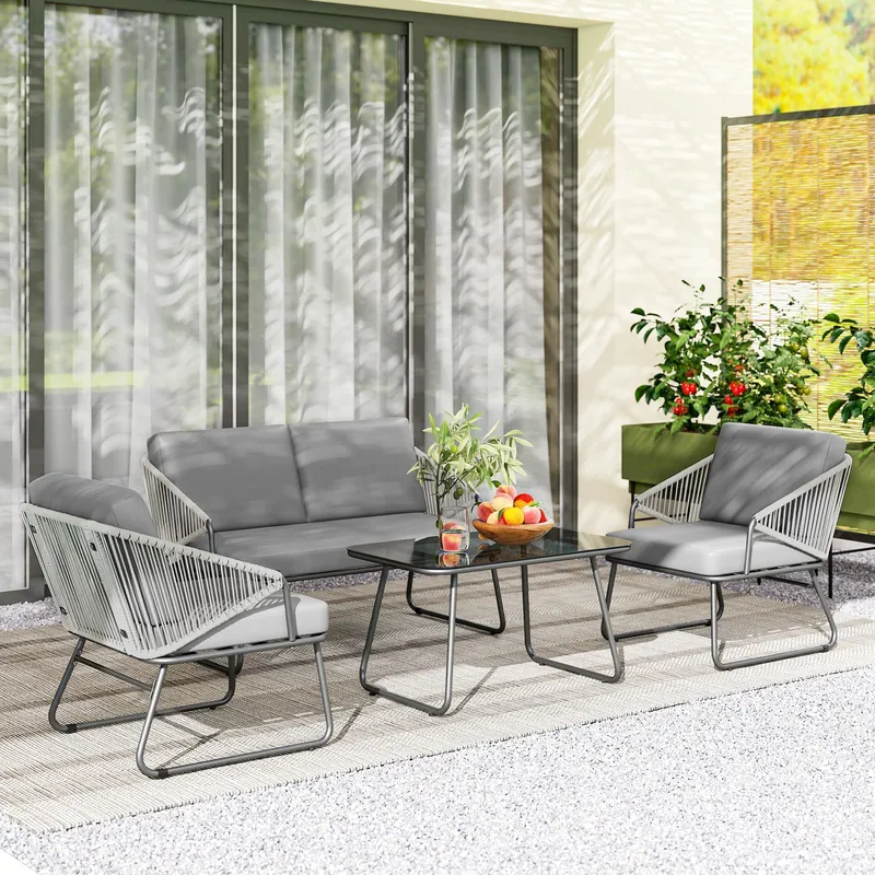 Outsunny 4 Piece Rattan Garden Furniture Set with Cushions, Grey Grey