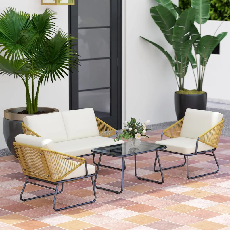 Outsunny 4 Piece Rattan Garden Furniture Set with Cushions, Natural Natural