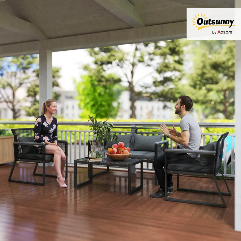Outsunny 4 Pieces Rattan Garden Furniture Set for 4 Person in Dark Grey Dark Grey