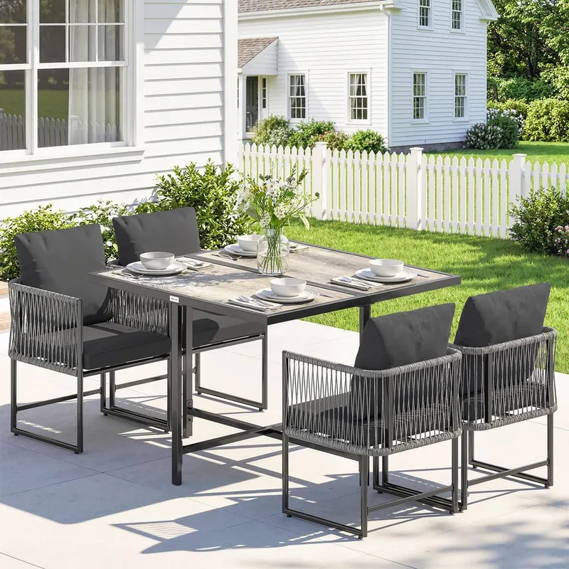 Outsunny 4-Seater Garden Dining Set with Space-Saving Chairs, Black in Grey Grey