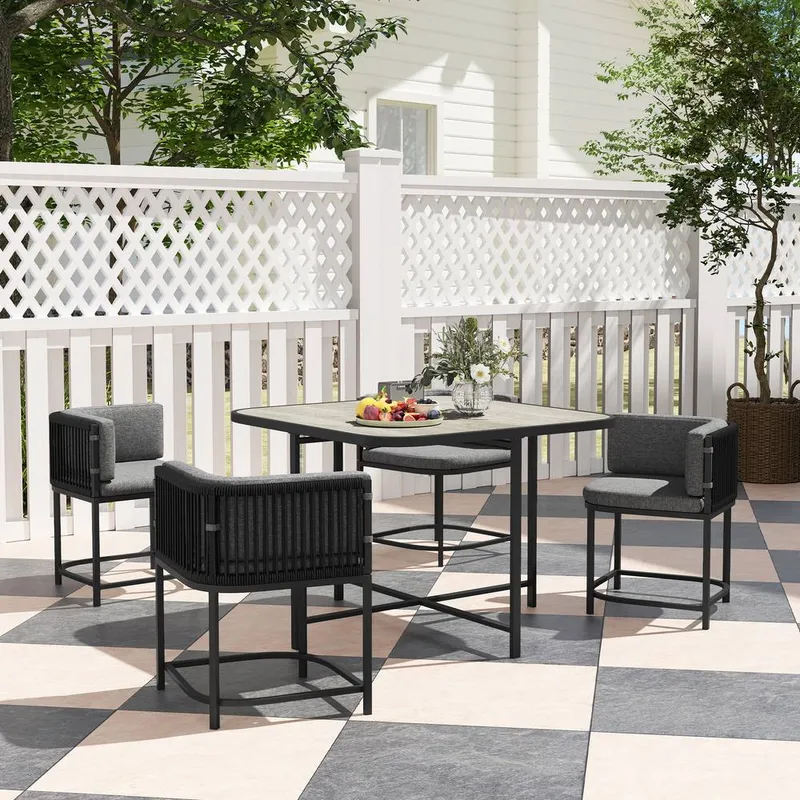 Outsunny 4 Seater Rattan Dining Set with Cushions, Charcoal Grey in Dark Grey Dark Grey