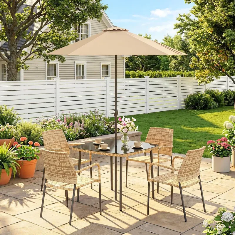 Outsunny 4 Seater Rattan Dining Set with Parasol, Light Brown Light Brown