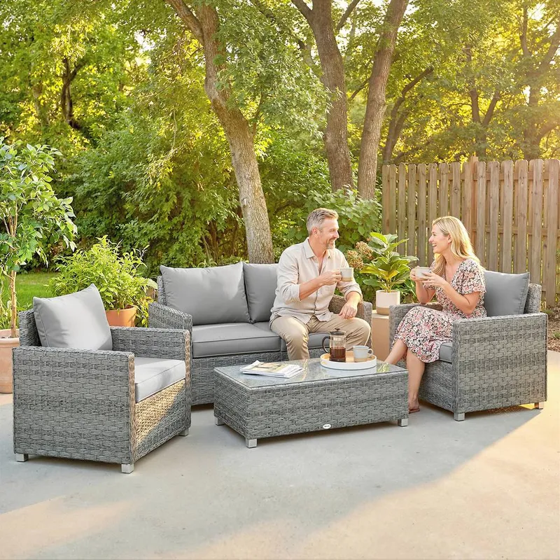 Outsunny 4 Seater Rattan Garden Furniture Set with Cushions, Grey Grey