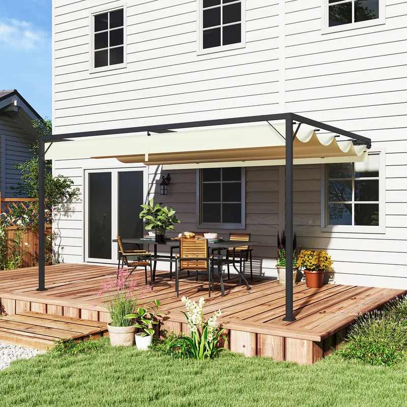 Outsunny 4 x 3(m) Outdoor Pergola Retractable Canopy Wall Mounted, Cream Cream