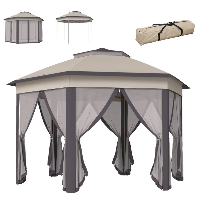 Outsunny 3x4m Hexagon Gazebo w/ Metal Frame Mesh Curtains Outdoor Garden in Beige Beige