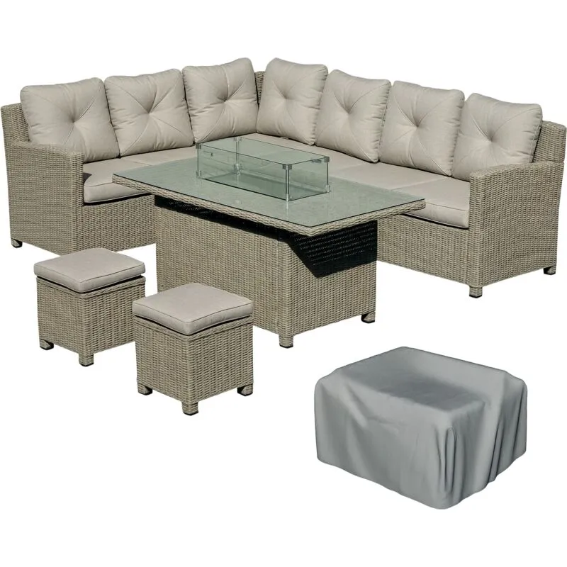 Outsunny 5 PCs Outdoor PE Rattan L-Shape Sofa Footstool Fire Pit Table Set