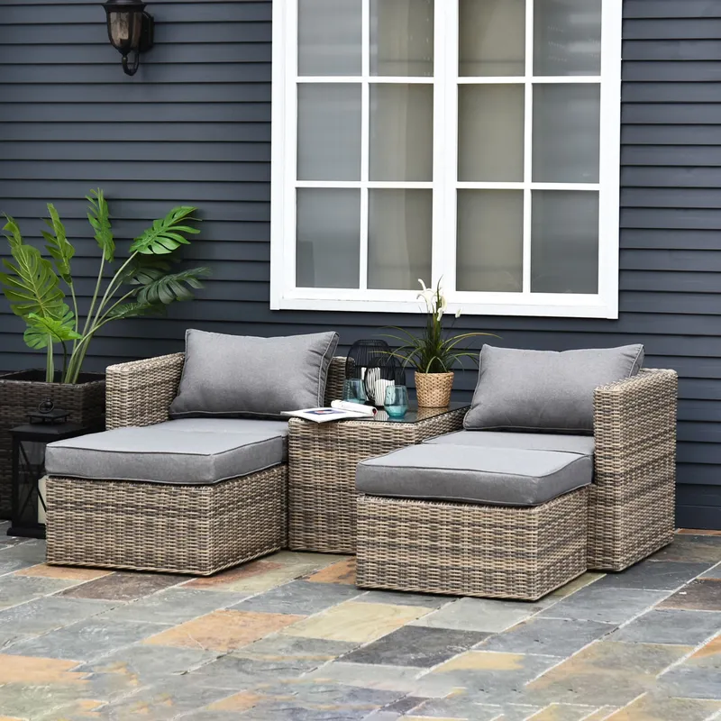Outsunny 5 Pcs PE Rattan Sofa Footstool Set Tall Glass-Top Table Aluminium Frame in Brown Brown