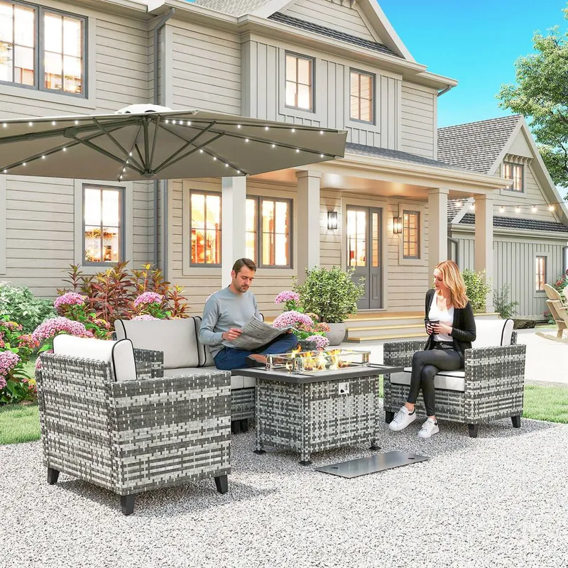 Outsunny 5 PCs Rattan Garden Furniture Set with Fire Pit Table in Grey Grey