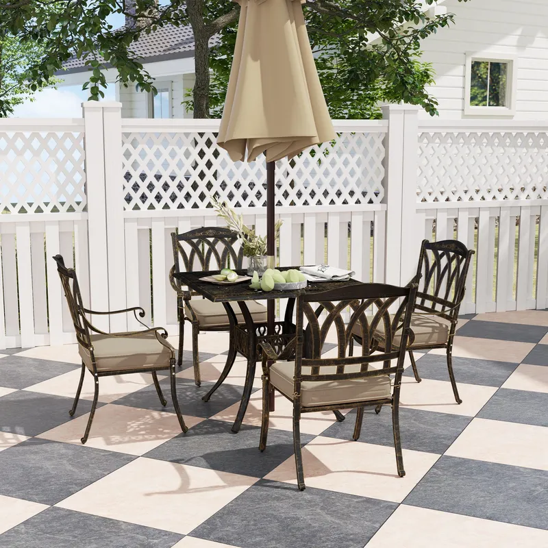 Outsunny 5 Pieces Cast Aluminium Garden Dining Set with Parasol Hole, Bronze Size: 4 Person Bronze