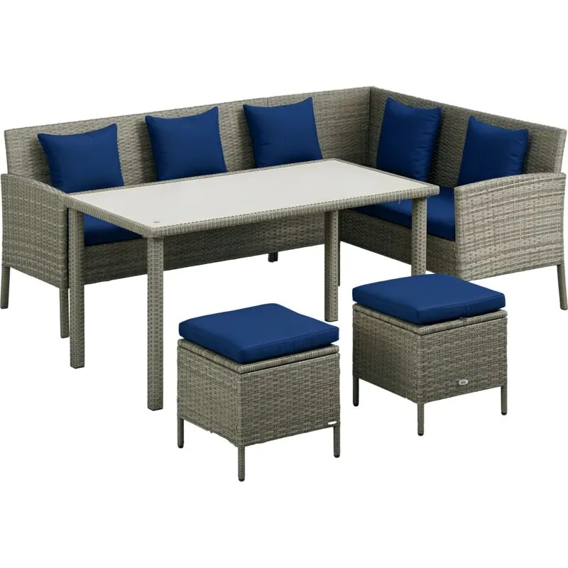 Outsunny 5Pcs Rattan Dining Corner Sofa Set, Garden Furniture Set, Dark Blue