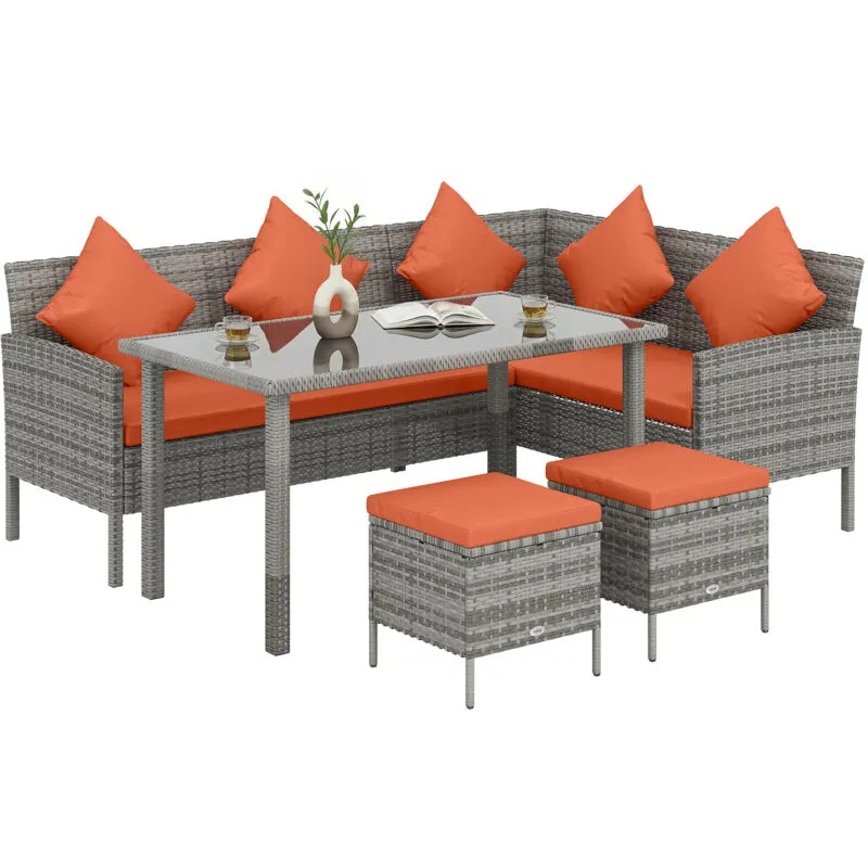 Outsunny 5Pcs Rattan Dining Corner Sofa Set, Garden Furniture Set, Orange