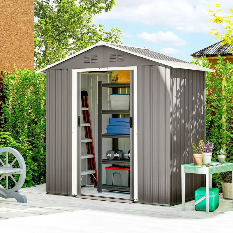 Outsunny 6.5ft x 3.5ft Garden Storage Shed, Large Metal Shed Light Grey