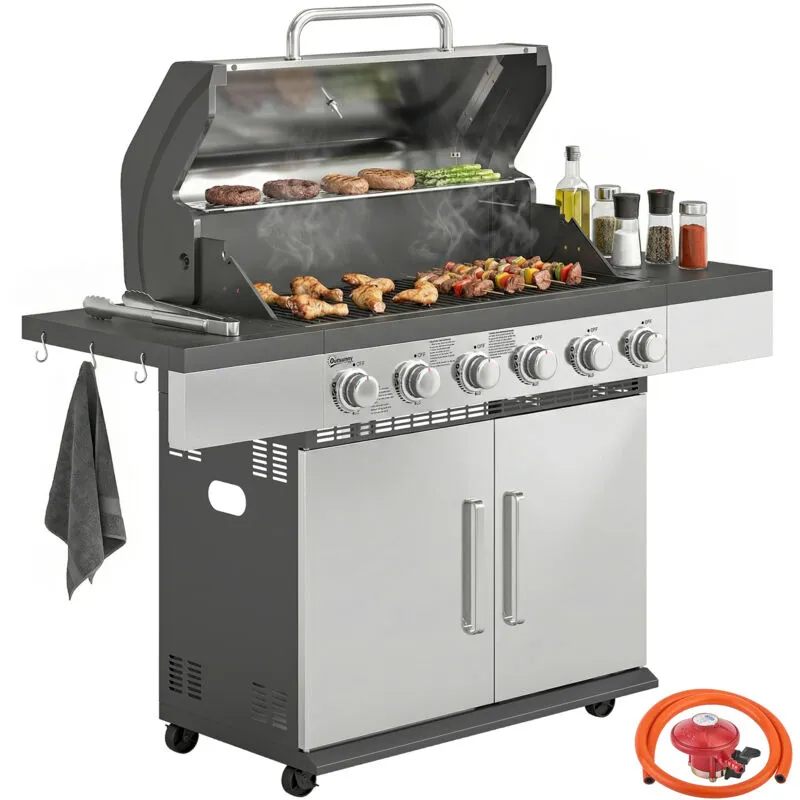 Outsunny 6 Burner Liquid Propane Gas Bbq Grill, Portable Gas Barbecue Grill