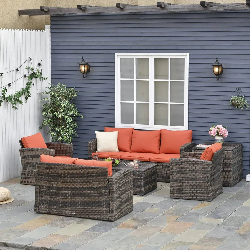 Outsunny 6 Pcs Patio Rattan Sofa Set Conversation Furniture Orange Orange