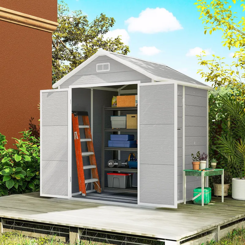 Outsunny 6 x 5ft Resin Garden Shed with Floor & Window, Light Grey Light Grey