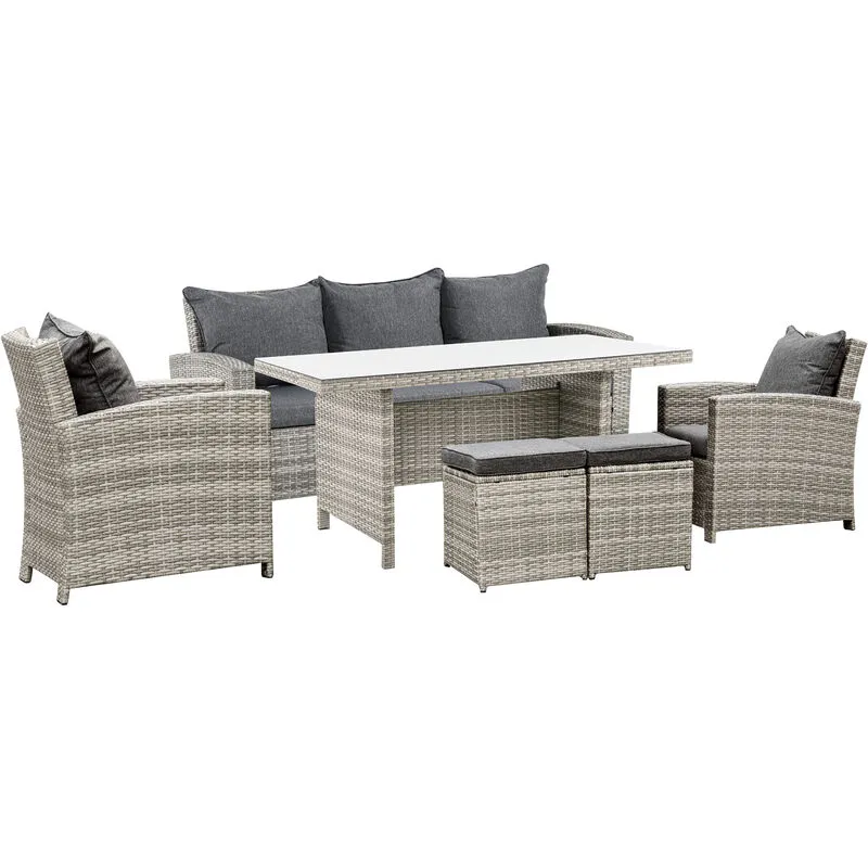 Outsunny - 6Pcs Rattan Sofa Set Coffee Table Footstool Outdoor w/ Cushion