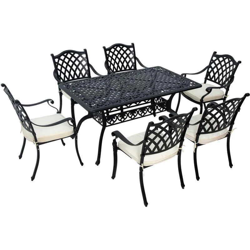 Outsunny 7-PC Cast Aluminum Patio Dining Set w/ Umbrella Hole & Cushion Black