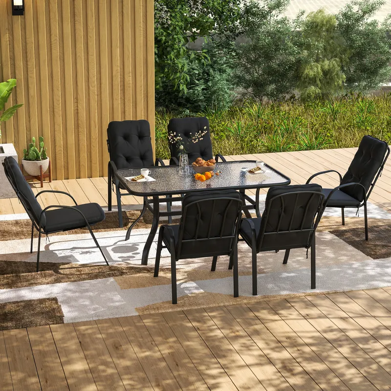 Outsunny 7 PCs Garden Dining Set w/ Umbrella Hole & Cushion, Black Black