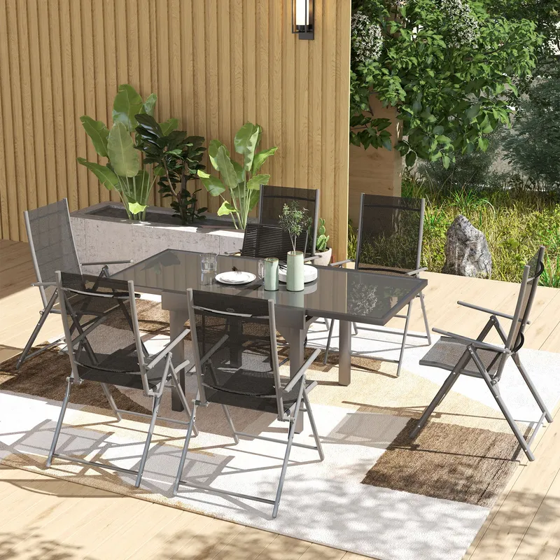 Outsunny 7 Piece Outdoor Dining Set w/ Extendable Table & 6 Folding Chairs in Black Black