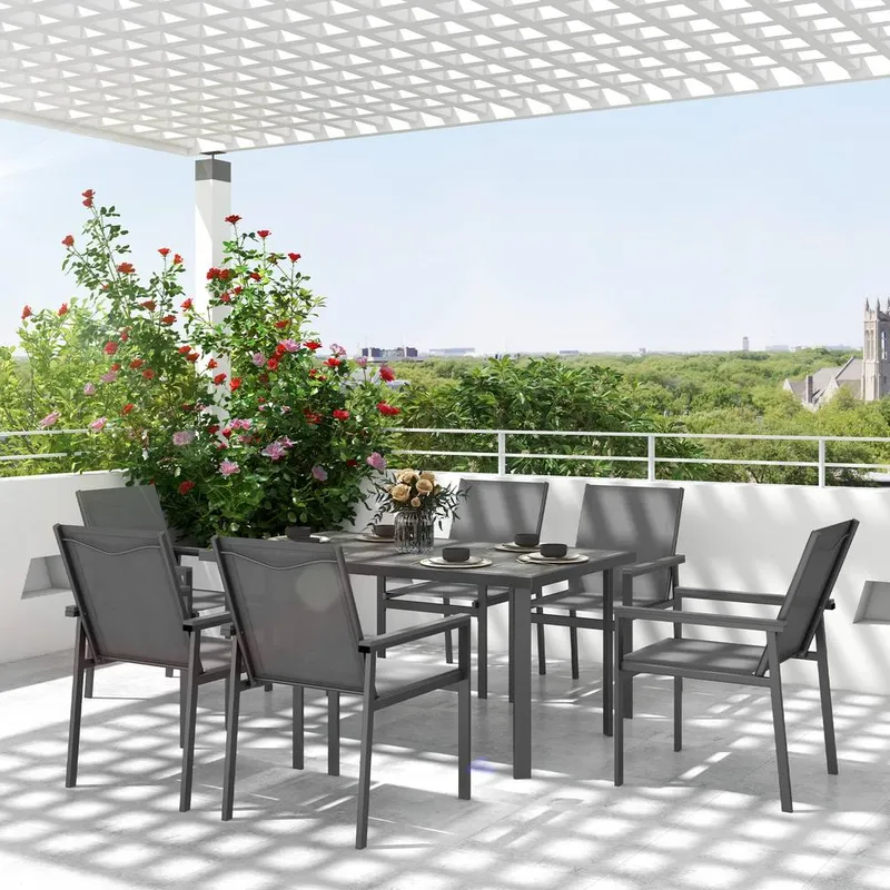 Outsunny 7 Pieces Outdoor Dining Table & 6 Armchairs, Garden Dining Set, Grey Grey