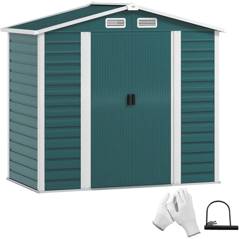 Outsunny 7 x 4ft Metal Garden Shed with Double Doors & Gloves, Green Green