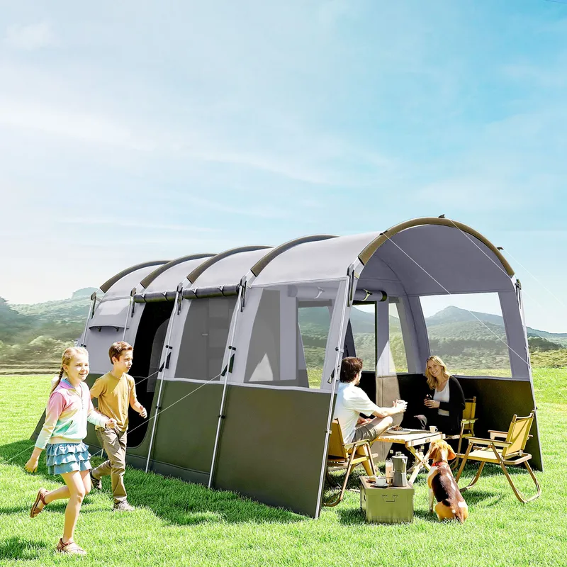 Outsunny 8-Person Camping Tent Tunnel Design with 4 Large Windows in Dark Grey Dark Grey