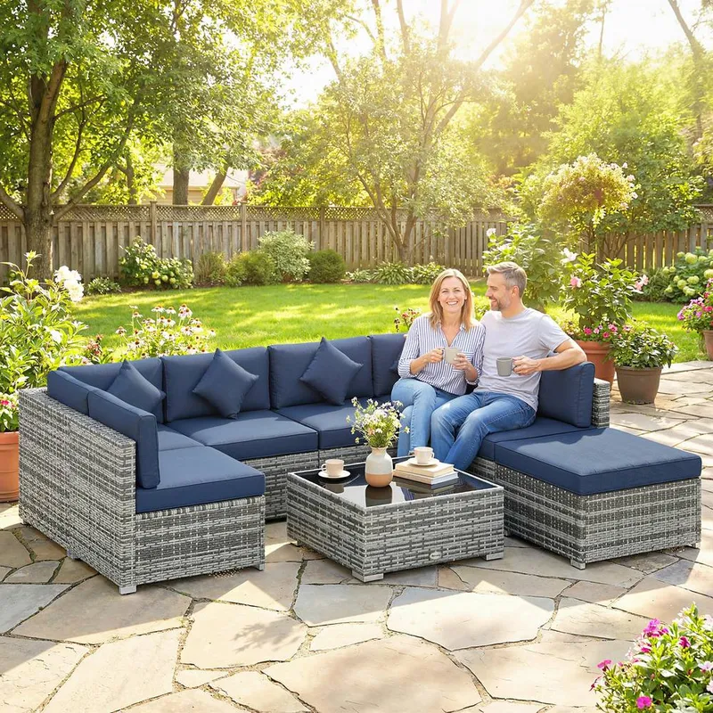 Outsunny 8 Pieces Patio Rattan Sofa Set, Garden Furniture Set Dark Blue Blue
