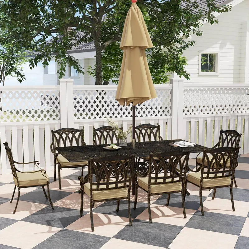 Outsunny 9 Pieces Cast Aluminium Garden Dining Set with Parasol Hole, Bronze Bronze