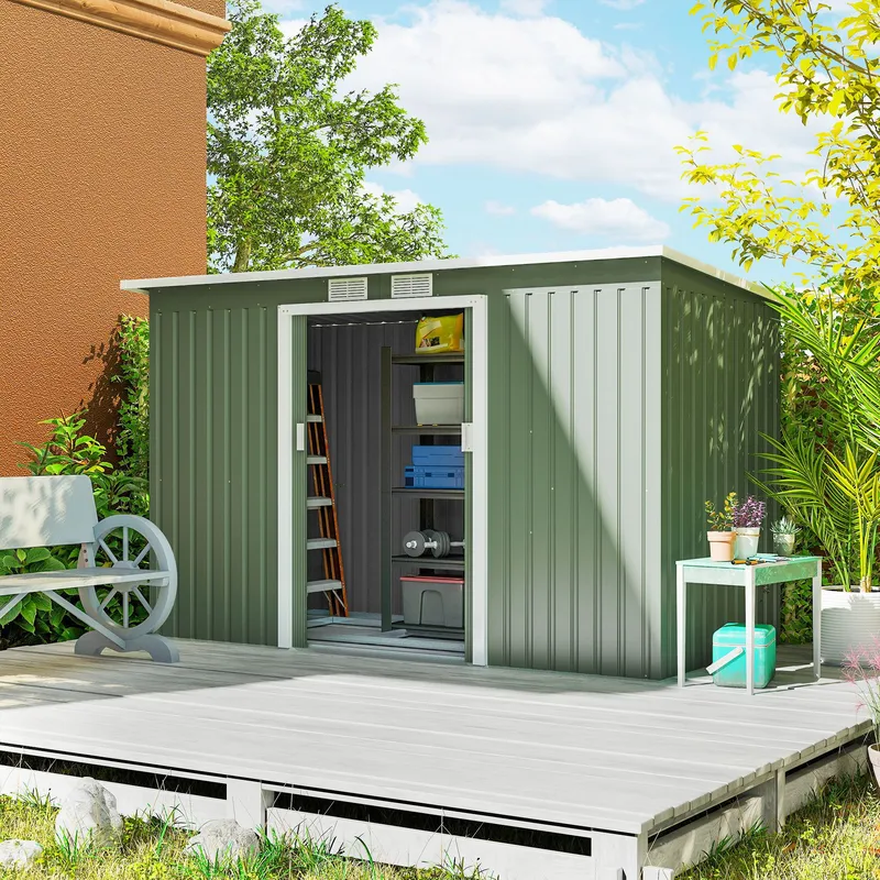 Outsunny - 9 x 4FT Outdoor Metal Frame Garden Storage Shed w/ 2 Door Green