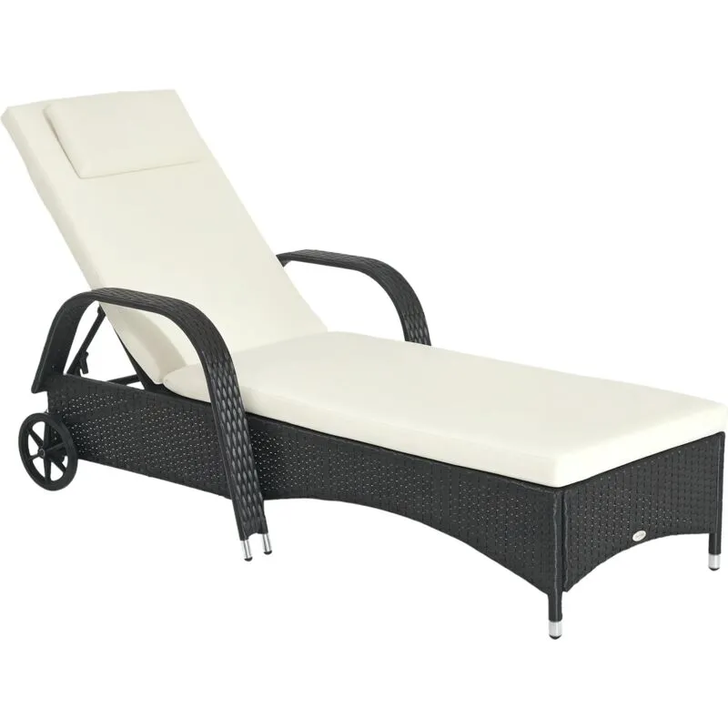 Outsunny Adjustable Wicker Rattan Sun Lounger Recliner Chair w/ Cushion Black