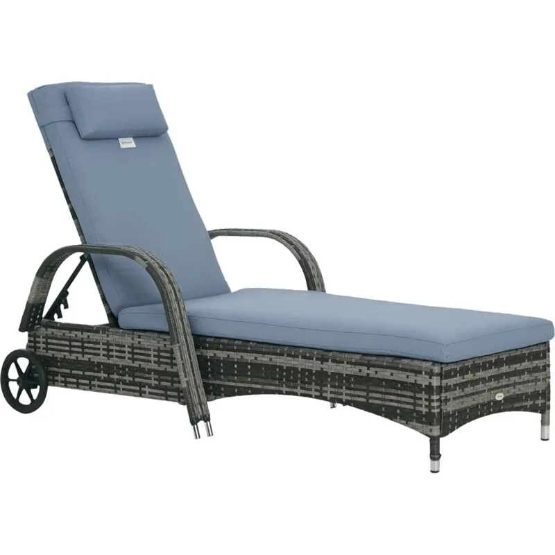Outsunny Adjustable Wicker Rattan Sun Lounger Recliner Chair w/ Cushion Grey