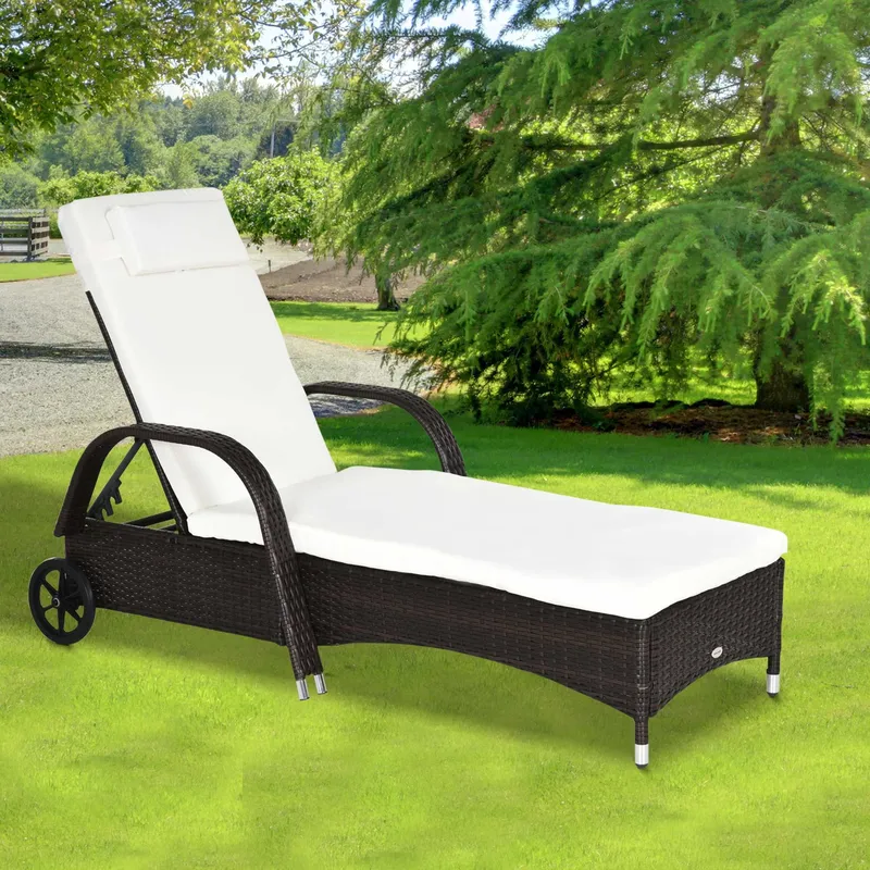Outsunny Adjustable Wicker Rattan Sun Lounger Recliner Chair w/ Cushion in Brown Brown