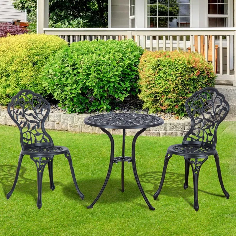 Outsunny Aluminium Bistro Set Garden Coffee Table Chair Outdoor Dining Set in Black Black