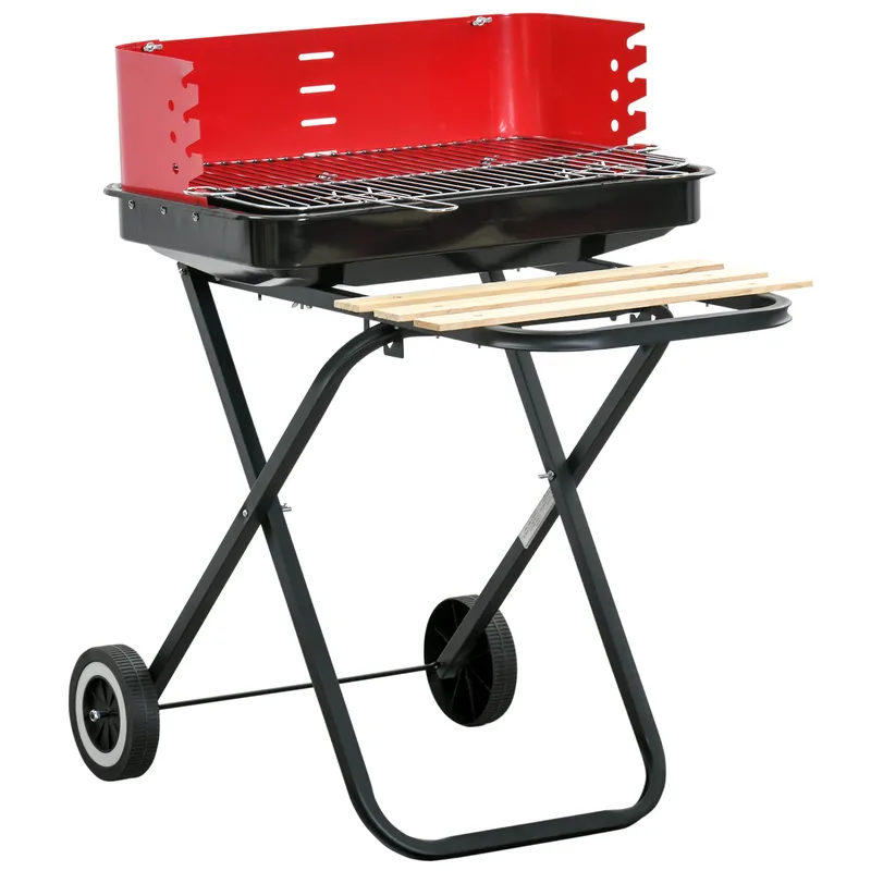 Outsunny Bbq Grill Charcoal Barbecue Grill Garden Foldable Bbq Trolley w/ Windshield, Wheels, Side Trays, Red/Black Aosom UK