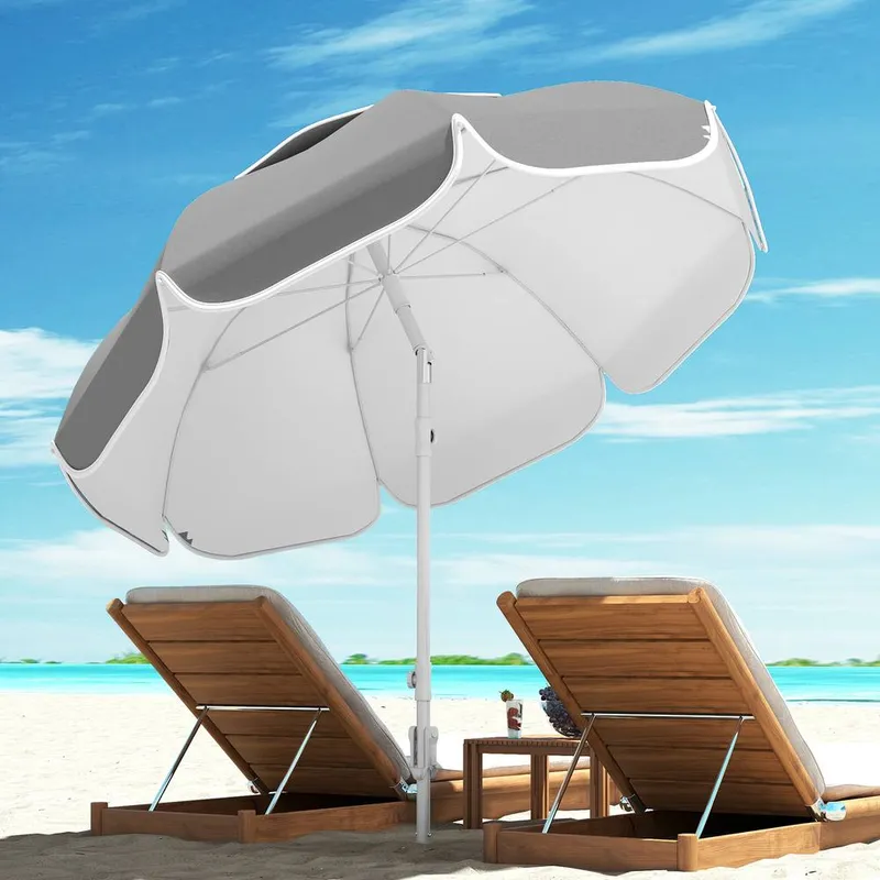 Outsunny Beach Umbrella, Adjustable Height & Tilt Portable Parasol in Grey Grey